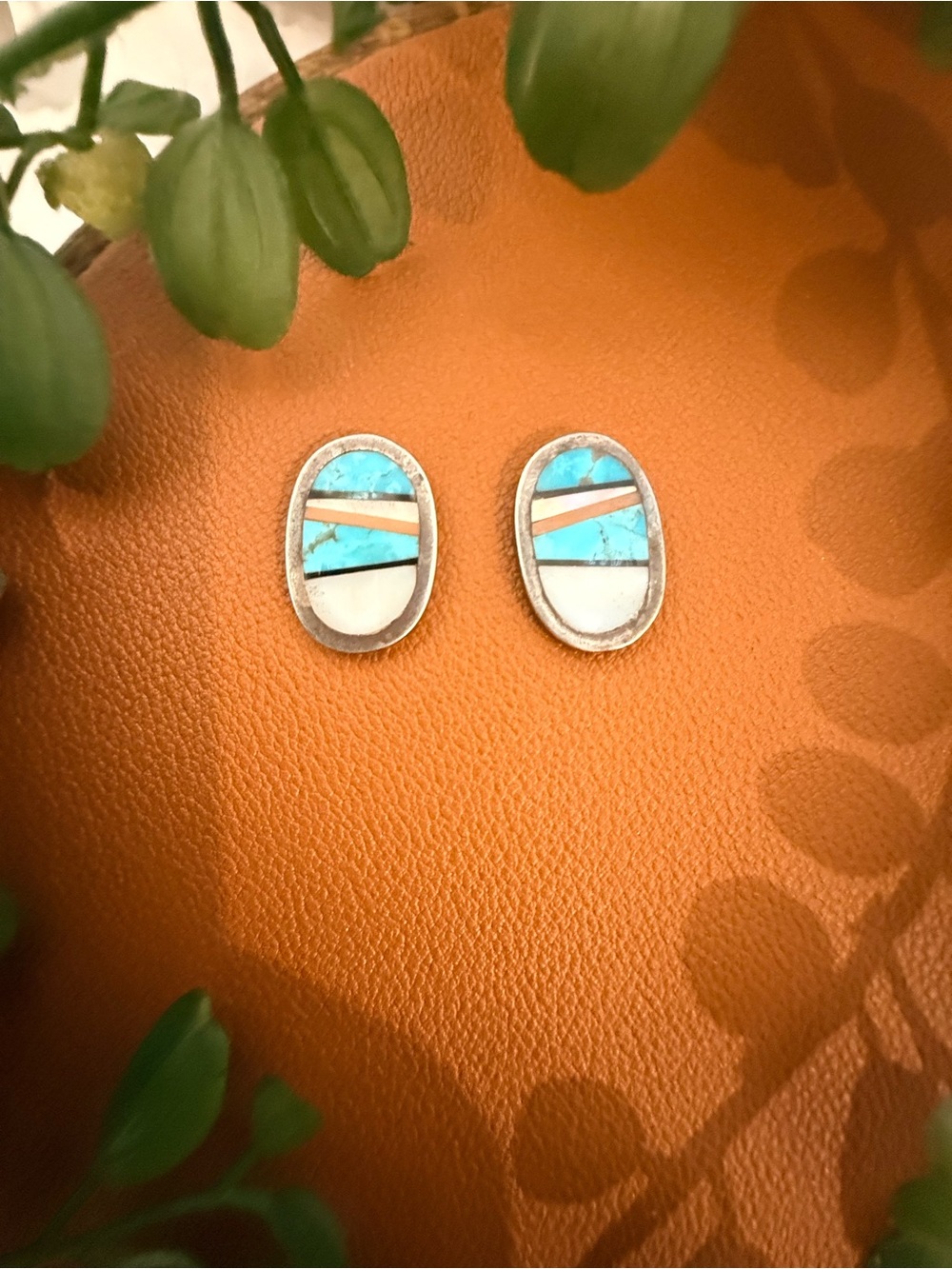 Turquoise Zuni Inlay Oval Stud Earrings - Women’s Jewelry